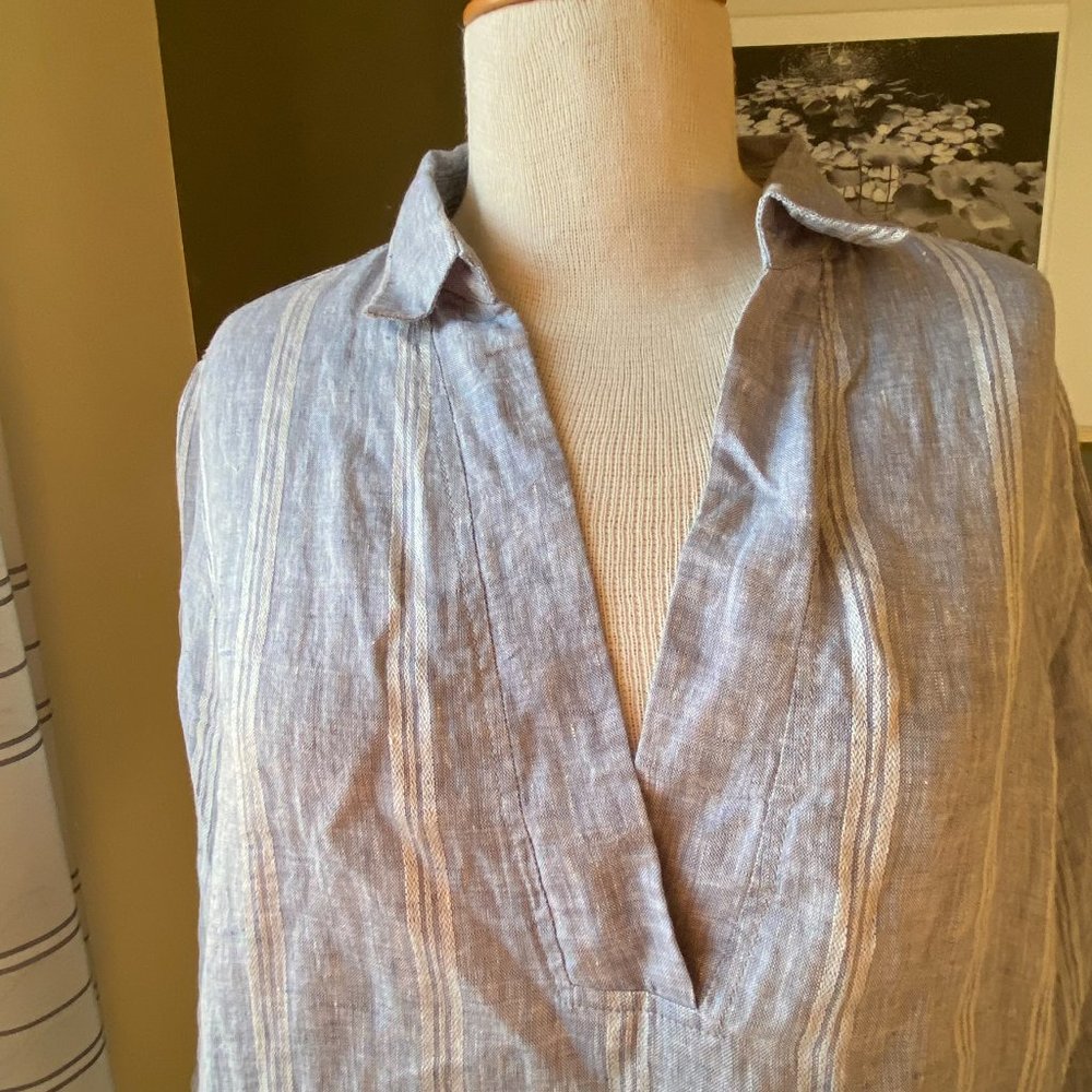 ♥ Tahari 100% Linen Top 3/4 Sleeves with Stripes SMALL    - H